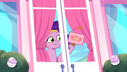 Size: 3072x1727 | Tagged: safe, imported from derpibooru, screencap, pipp petals, pegasus, pony, spoiler:g5, spoiler:my little pony: tell your tale, spoiler:tyts01e52, curtains, diadem, door, female, g5, headband, hoof heart, jewelry, mane melody (location), mare, my little pony: tell your tale, open, ponytropico, regalia, sign, smiling, solo, underhoof, unshorn fetlocks