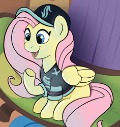 Size: 1717x1822 | Tagged: safe, artist:amynewblue, imported from derpibooru, fluttershy, pegasus, pony, clothes, hat, hockey, ice hockey, jersey, nhl, open mouth, open smile, seattle kraken, shirt, sitting, smiling, sports