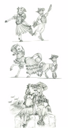 Size: 850x1600 | Tagged: safe, artist:baron engel, imported from derpibooru, apple bloom, rarity, oc, oc:stone mane (baron engel), anthro, earth pony, pony, unguligrade anthro, unicorn, colt, dancing, dock, female, filly, foal, food, licking, male, mare, pencil drawing, simple background, tail, tongue out, traditional art, white background