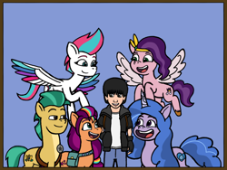 Size: 2048x1536 | Tagged: safe, artist:j-mantheangel, imported from derpibooru, hitch trailblazer, izzy moonbow, pipp petals, sunny starscout, zipp storm, oc, oc:j-man, oc:jack marten, earth pony, human, pegasus, pony, unicorn, spoiler:g5, female, g4.5, g5, human oc, male, mane stripe sunny, mare, my little pony: tell your tale, stallion