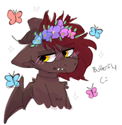 Size: 540x552 | Tagged: safe, artist:puppie, imported from derpibooru, oc, oc only, oc:whiskey dreams, butterfly, blushing, floral head wreath, flower, no source available, simple background, white background