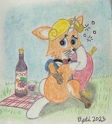 Size: 2723x3006 | Tagged: safe, artist:opti, imported from derpibooru, oc, oc only, oc:guiding light, fox, unicorn, alcohol, bottle, drunk bubbles, glass, hug, looking at you, solo, tail, tail hug, traditional art, transformation, wine, wine bottle, wine glass