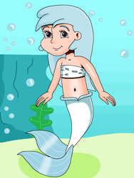 Size: 818x1087 | Tagged: safe, artist:ocean lover, imported from derpibooru, cotton cloudy, human, mermaid, background character, bandeau, bare shoulders, belly, belly button, boulder, bubble, child, cottonbetes, cute, fins, fish tail, happy, human coloration, humanized, long hair, looking up, mermaid tail, mermaidized, mermay, midriff, ms paint, ocean, purple eyes, sand, sleeveless, smiling, species swap, tail, tail fin, underwater, water
