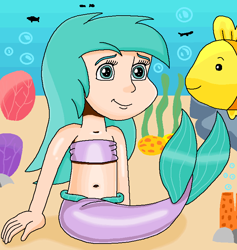 Size: 697x735 | Tagged: safe, artist:ocean lover, imported from derpibooru, fish, human, mermaid, aura (g4), aurabetes, background character, bandeau, bare shoulders, belly, belly button, boulder, bubble, child, coral, cute, fins, fish tail, human coloration, humanized, long hair, looking at each other, looking at someone, mermaid tail, mermaidized, mermay, midriff, ms paint, ocean, rock, sand, sleeveless, smiling, smiling at each other, species swap, sponge, tail, tail fin, teal eyes, underwater, water