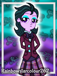 Size: 768x1024 | Tagged: safe, artist:rainbowstarcolour262, imported from derpibooru, part of a set, zephyr, human, series:equ wallpapers, equestria girls, friendship games, abstract background, background human, bowtie, clothes, crystal prep academy uniform, crystal prep shadowbolts, cutie mark background, eyeshadow, female, hand behind back, makeup, part of a series, plaid skirt, pleated skirt, school uniform, shirt, signature, skirt, solo