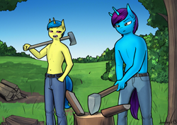 Size: 1824x1290 | Tagged: safe, artist:apocheck13, imported from derpibooru, oc, anthro, unicorn, axe, clothes, duo, field, horn, log, male, pants, partial nudity, topless, tree stump, unicorn oc, weapon