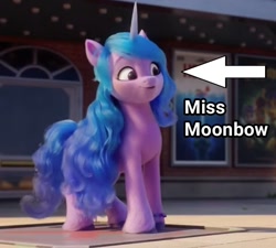 Size: 732x660 | Tagged: safe, edit, edited screencap, imported from derpibooru, screencap, izzy moonbow, pony, unicorn, spoiler:my little pony: a new generation, arrow, bracelet, captain obvious, cinema, cropped, cute, female, friendship bracelet, g5, izzybetes, jewelry, mare, my little pony: a new generation, solo, unshorn fetlocks