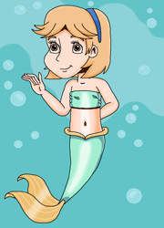 Size: 635x880 | Tagged: safe, artist:ocean lover, imported from derpibooru, peach fuzz, human, mermaid, background character, bandeau, bare shoulders, belly, belly button, blue background, bubble, cheerful, child, cute, diapeaches, female, fins, fish tail, hand behind back, happy, headband, human coloration, humanized, light skin, looking at you, mermaid tail, mermaidized, mermay, midriff, ms paint, ocean, short hair, simple background, sleeveless, smiling, smiling at you, solo, species swap, tail, tail fin, underwater, water, waving, waving at you