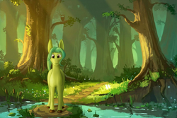 Size: 1024x684 | Tagged: safe, artist:kujivunia, edit, imported from derpibooru, oc, oc only, bird, dryad, earth pony, owl, big ears, crepuscular rays, earth pony oc, forest, full body, solo, water