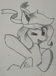 Size: 2684x3660 | Tagged: safe, artist:spearmint, imported from derpibooru, oc, oc:mentha spicata, pegasus, pony, monochrome, one eye closed, open mouth, open smile, photo, smiling, solo, traditional art