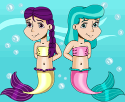 Size: 1033x845 | Tagged: safe, artist:ocean lover, imported from derpibooru, aquamarine, boysenberry, human, mermaid, adorable face, background character, bandeau, bare shoulders, bashful, belly, belly button, blue background, boysenbetes, braid, bubble, child, cute, duo, duo female, female, fins, fish tail, hand behind back, human coloration, humanized, kids, looking at you, mermaid lovers, mermaid tail, mermaidized, mermay, midriff, ms paint, ocean, purple eyes, shy, simple background, sleeveless, smiling, smiling at you, species swap, tail, tail fin, teal eyes, two toned hair, underwater, water