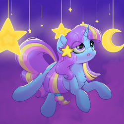 Size: 2000x2000 | Tagged: safe, artist:one4pony, imported from derpibooru, oc, oc only, oc:starbow cloudy, pony, unicorn, crescent moon, heterochromia, horn, moon, solo, stars, unicorn oc