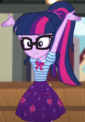 Size: 241x346 | Tagged: safe, imported from derpibooru, screencap, sci-twi, twilight sparkle, equestria girls, equestria girls series, holidays unwrapped, spoiler:eqg series (season 2), armpits, arms in the air, bowtie, clothes, cutie mark on clothes, geode of telekinesis, glasses, hands in the air, jewelry, magical geodes, pendant, pockets, polo shirt, ponytail, skirt, solo, the cider louse fools