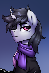 Size: 2000x3000 | Tagged: safe, artist:jedayskayvoker, imported from derpibooru, oc, oc:zec, hybrid, pony, bags under eyes, bust, clothes, gradient background, hybrid oc, icon, jacket, looking back, male, patreon, patreon reward, portrait, red eyes, scarf, shirt, solo, stallion, t-shirt, thick eyebrows