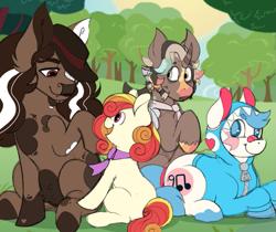 Size: 697x585 | Tagged: safe, artist:woofpoods, imported from derpibooru, oc, oc only, oc:dinosaurchestra, oc:hushknack, oc:littleseed, cow, cow pony, earth pony, pony, clothes, cowboy, female, filly, foal, group, group photo, hoodie, male, meadow, nature, photo, stallion, udder