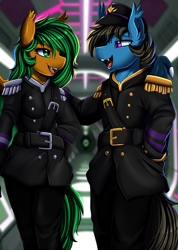 Size: 2551x3583 | Tagged: safe, artist:pridark, imported from derpibooru, oc, oc only, anthro, bat pony, bat pony oc, clothes, commission, duo, high res, male, open mouth, uniform