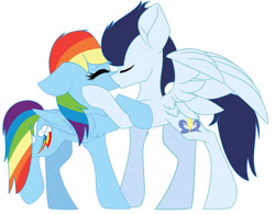 Size: 1013x789 | Tagged: safe, artist:thunderspeedyt, imported from derpibooru, rainbow dash, soarin', pegasus, pony, duo, eyes closed, female, kiss on the lips, kissing, male, mare, shipping, simple background, soarindash, stallion, straight, white background