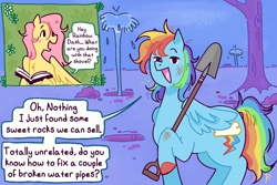 Size: 1500x1000 | Tagged: safe, artist:mokeonn, imported from derpibooru, fluttershy, rainbow dash, pegasus, pony, book, dialogue, digging, duo, hole, reading, shovel, water