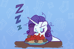 Size: 1500x1000 | Tagged: safe, artist:mokeonn, imported from derpibooru, rarity, pony, unicorn, food, meat, meatball, messy eating, messy mane, onomatopoeia, pasta, ponies eating meat, sleeping, snoring, solo, sound effects, spaghetti, tired, zzz