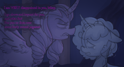 Size: 1201x659 | Tagged: safe, anonymous artist, imported from derpibooru, opaline arcana, alicorn, pony, unicorn, series:misty pov, afro, alternate hairstyle, crying, curved horn, dialogue, duckery in the comments, duo, duo female, ears back, fat shaming, female, floppy ears, g5, gaslighting, glare, horn, implied mistypetals, implied pipp petals, looking away, mare, misty brightdawn, misty deserves better, narrowed eyes, opabitch, opaline arcana is not amused, ringlets, shaking, spread wings, teary eyes, trembling, unamused, wings