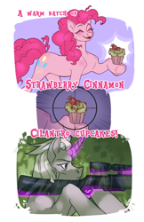 Size: 2323x3588 | Tagged: safe, artist:djkaskan, imported from derpibooru, pinkie pie, zesty gourmand, earth pony, pony, unicorn, comic, cupcake, duo, food, gun, rifle, scope, sniper, weapon