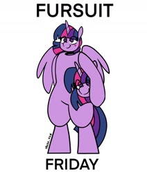 Size: 1326x1564 | Tagged: safe, artist:lrusu, imported from derpibooru, twilight sparkle, alicorn, anthro, pony, bipedal, clothes, female, friday, fursuit, simple background, suit, text, twilight sparkle (alicorn), white background