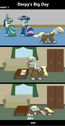 Size: 1920x3691 | Tagged: safe, artist:platinumdrop, imported from derpibooru, bon bon, derpy hooves, lyra heartstrings, sweetie drops, earth pony, pegasus, pony, unicorn, comic:derpy's big day, 3 panel comic, clothes, comic, commission, couch, crying, dress, dresser, flyer, food, hat, muffin, running, sad, table, window, wings