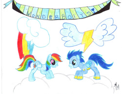 Size: 900x696 | Tagged: safe, artist:superkataang1, imported from derpibooru, rainbow dash, soarin', pegasus, pony, female, male, mare, shipping, simple background, soarindash, stallion, straight, traditional art, white background