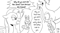 Size: 900x506 | Tagged: safe, artist:pony-berserker, imported from derpibooru, angel bunny, discord, fluttershy, draconequus, pegasus, pony, rabbit, animal, fluttershy is not amused, petrification, pony-berserker's twitter sketches, pony-berserker's twitter sketches (2023), simple background, stone, transformed, unamused, upside down, white background