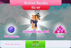 Size: 1268x857 | Tagged: safe, imported from derpibooru, colonel purple dart, pegasus, pony, bundle, clothes, costs real money, english, facial hair, gameloft, gem, hat, magic coins, male, mobile game, moustache, my little pony: magic princess, numbers, official, sale, solo, spread wings, stallion, text, wings