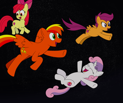 Size: 6000x5000 | Tagged: safe, artist:eagc7, imported from derpibooru, apple bloom, scootaloo, sweetie belle, oc, oc:asteroid angus, cutie mark crusaders, female, filly, floating, foal, male, patreon, patreon reward, space, stallion