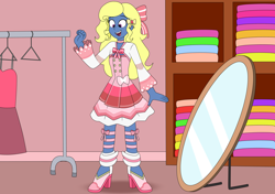 Size: 4428x3120 | Tagged: safe, artist:eagc7, imported from derpibooru, oc, oc only, oc:azure/sapphire, equestria girls, clothes, commission, crossdressing, dress, femboy, happy, male, mirror, solo