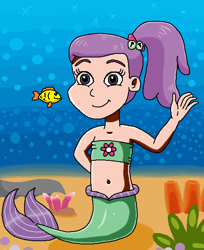 Size: 508x622 | Tagged: safe, artist:ocean lover, imported from derpibooru, fish, human, mermaid, adorable face, bandeau, bare shoulders, bashful, bikini, bikini top, bubble, child, clothes, coral, cute, cute face, female, fish tail, flower, hand behind back, humanized, innocent, lily pad (g4), looking at you, mermaid tail, mermaidized, mermay, midriff, ms paint, ocean, ponytail, purple eyes, purple hair, rock, sand, sleeveless, smiling, smiling at you, species swap, sponge, swimsuit, tail, underwater, water, waving, waving at you