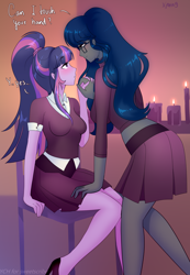 Size: 2080x3000 | Tagged: safe, artist:xjenn9, imported from derpibooru, twilight sparkle, oc, oc:sweet scribe, human, equestria girls, breasts, busty twilight sparkle, canon x oc, clothes, commission, dialogue, duo, duo female, female, glasses, high heels, holding hands, lesbian, looking into each others eyes, midriff, reasonably sized breasts, shipping, shoes, ych result