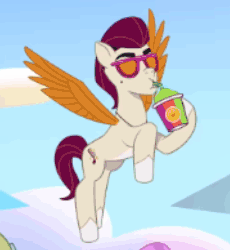 Size: 230x250 | Tagged: safe, imported from derpibooru, screencap, pegasus, pony, spoiler:g5, spoiler:my little pony: tell your tale, spoiler:tyts01e52, animated, concave belly, drink, drinking, drinking straw, flying, g5, gif, loop, male, my little pony: tell your tale, perfect loop, ponytropico, rocky riff, smoothie, solo focus, stallion, sunglasses