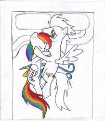 Size: 834x958 | Tagged: safe, artist:istrolltime, imported from derpibooru, rainbow dash, soarin', pegasus, pony, bed, blushing, duo, female, male, mare, shipping, simple background, sleeping, soarindash, stallion, straight, traditional art, white background