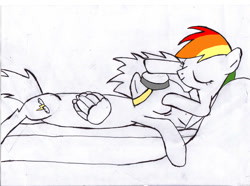 Size: 900x669 | Tagged: safe, artist:istrolltime, imported from derpibooru, rainbow dash, soarin', pegasus, pony, bed, duo, female, male, mare, shipping, simple background, sleeping, soarindash, stallion, straight, traditional art, white background