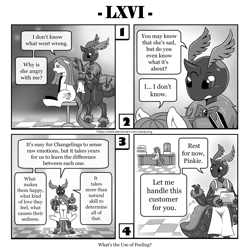 Size: 1200x1200 | Tagged: safe, artist:vavacung, imported from derpibooru, pinkie pie, queen chrysalis, changeling, earth pony, insect, moth, pony, comic:out of chrysalis, apron, bowtie, clothes, comic, female, naked apron, partial nudity, pinkamena diane pie, species swap