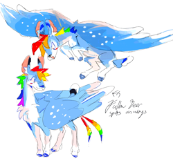 Size: 1179x1099 | Tagged: safe, artist:hoofpeet, imported from derpibooru, rainbow dash, deer, deer pony, original species, peryton, flying, simple background, spotted, white background