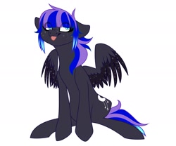 Size: 2048x1707 | Tagged: safe, artist:zeepurplefox, imported from derpibooru, oc, oc only, oc:rainfall (zeepurplefox), pegasus, pony, :p, belly, cyan eyes, dark coat, eye clipping through hair, female, floppy ears, freckles, full body, hair over eyes, looking up, mare, multicolored mane, multicolored tail, partially open wings, pegasus oc, simple background, sitting, solo, star freckles, starry wings, tail, tongue out, white background, wings