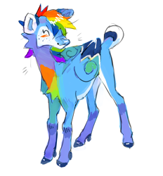 Size: 1280x1378 | Tagged: safe, artist:hoofpeet, imported from derpibooru, rainbow dash, deer, deer pony, original species, peryton, cloven hooves, concave belly, eyes closed, folded wings, short tail, simple background, smiling, solo, tail, white background, wings