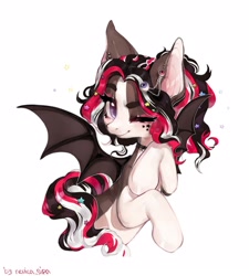 Size: 1941x2160 | Tagged: safe, artist:nevica, imported from derpibooru, oc, oc only, oc:jenny mayer, bat pony, pony, bat pony oc, birthmark, choker, cute, ear piercing, earring, female, freckles, halfbody, heart, jewelry, makeup, piercing, ponytail, simple background, solo, stars, white background