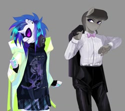 Size: 1213x1074 | Tagged: safe, artist:aztrial, imported from derpibooru, dj pon-3, octavia melody, vinyl scratch, anthro, earth pony, unicorn, clothes, duo, female, gray background, grin, headphones, jacket, piercing, shirt, simple background, skirt, smiling, t-shirt, tuxedo, watch