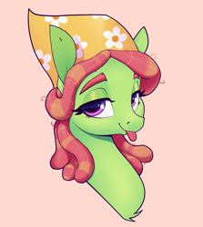 Size: 2230x2500 | Tagged: safe, artist:aquaticvibes, imported from derpibooru, tree hugger, earth pony, pony, :p, bust, female, lidded eyes, mare, pink background, portrait, simple background, smiling, solo, tongue out