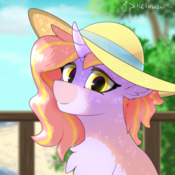 Size: 2000x2000 | Tagged: safe, artist:hellblazer911, imported from derpibooru, oc, oc only, oc:pink blossom, pony, unicorn, beach, blurry background, bust, chest fluff, cloud, commission, curly hair, curly mane, curved horn, ear fluff, eyeshadow, facial markings, female, floppy ears, hat, high res, horn, lightly watermarked, long mane, looking at you, makeup, mare, outdoors, pink mane, ponytail, portrait, railing, ribbon, sitting, smiling, smiling at you, solo, sun hat, tree, two toned mane, unicorn horn, unicorn oc, watermark, yellow eyes