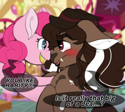 Size: 1000x895 | Tagged: safe, artist:woofpoods, imported from derpibooru, pinkie pie, oc, oc:hushknack, cow, cow pony, earth pony, pony, canon x oc, duo, fimfiction, g4