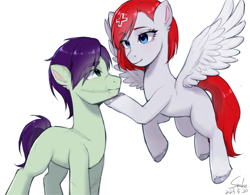 Size: 2310x1800 | Tagged: safe, artist:xiaowu07, imported from derpibooru, oc, oc only, earth pony, pegasus, pony, duo, female, looking at each other, looking at someone, male, mare, scar, shipping, signature, simple background, stallion, straight, white background