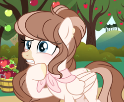 Size: 1310x1080 | Tagged: safe, artist:cstrawberrymilk, imported from derpibooru, oc, oc only, oc:strawberry milk, pegasus, pony, apple, apple tree, female, food, looking left, mare, solo, tree