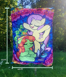 Size: 3024x3487 | Tagged: safe, artist:moozua, imported from derpibooru, fluttershy, tree hugger, earth pony, pegasus, pony, duo, duo female, female, mare, sage, tapestry