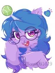 Size: 1080x1440 | Tagged: safe, artist:toast091019, imported from derpibooru, izzy moonbow, pony, unicorn, ball, cute, female, fluffy, g5, glasses, hooves, horn, hornball, izzy's tennis ball, izzybetes, open mouth, open smile, round glasses, simple background, smiling, solo, tennis ball, unshorn fetlocks, white background